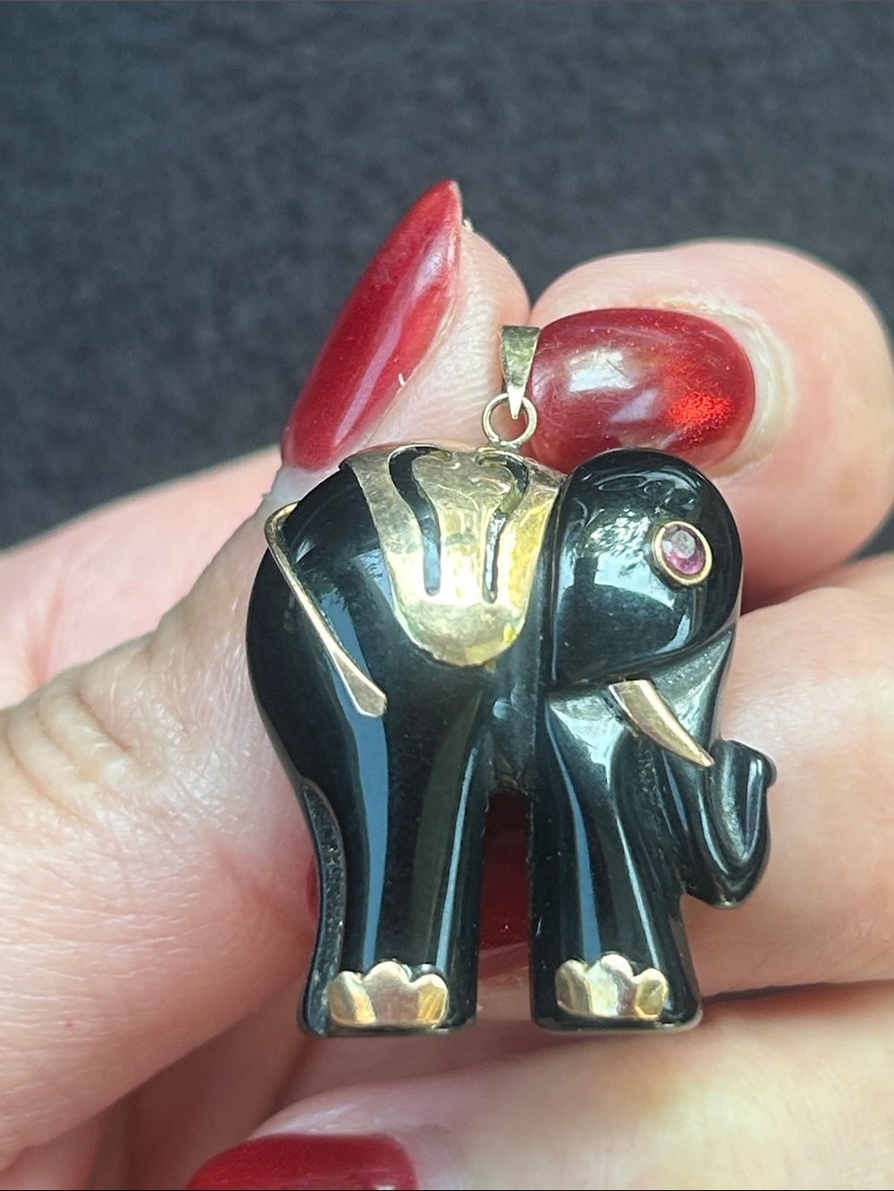 14K Yellow Gold Black Onyx Elephant Pendant Ruby Eye